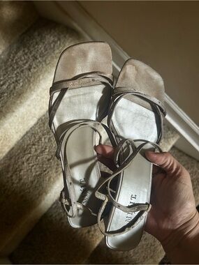 Strappy Square-Toe heels as is shown